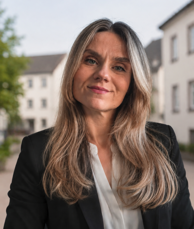 Frau mit langen, blonden Haaren vor einer Stadtansicht, die historische Gebäude zeigt.